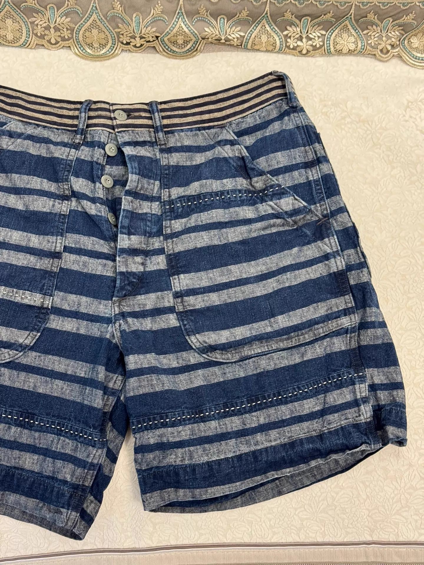 RRL Ralph Lauren DOUBLE RL Men's Indigo Striped Drawstring Button Shorts Size US 34 / EU 50 - 3 Thumbnail