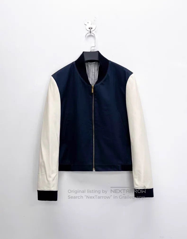 Thom Browne Thom Browne Navy blue leather sleeve baseball jacket Size US M / EU 48-50 / 2 - 1 Thumbnail