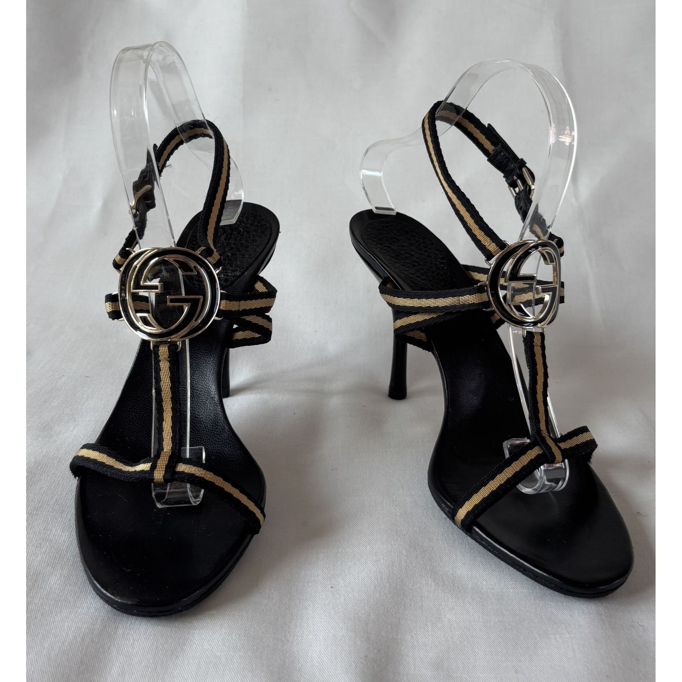 Gucci Gucci heeled sandals – black leather & gold GG logo Size US 8 / IT 38 - 1 Thumbnail