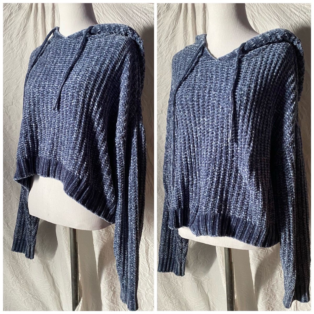 Forever 21 F21, Muted Blue, Chenille, Cropped, Oversized Hooded Sweater Size S / US 4 / IT 40 - 2 Thumbnail
