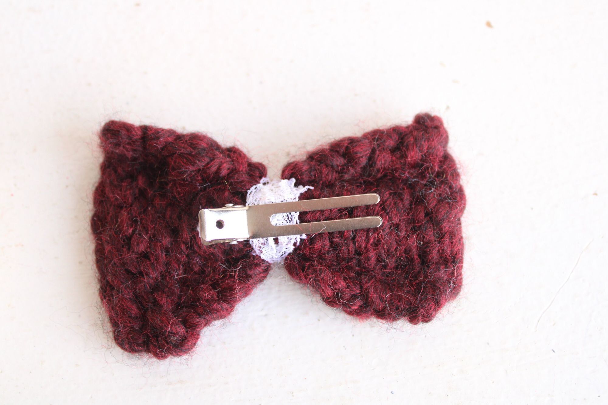 Handmade Hand Knit Hair Bow on Clip, Dark Red with Vintage White Lace Size ONE SIZE - 10 Thumbnail