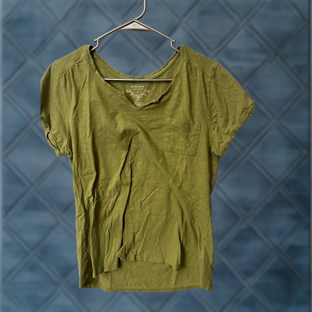 Vintage Sonoma Shirt Women Large Green Solid V-Neck Short Sleeve T-Shirt Size L / US 10 / IT 46 - 1 Thumbnail