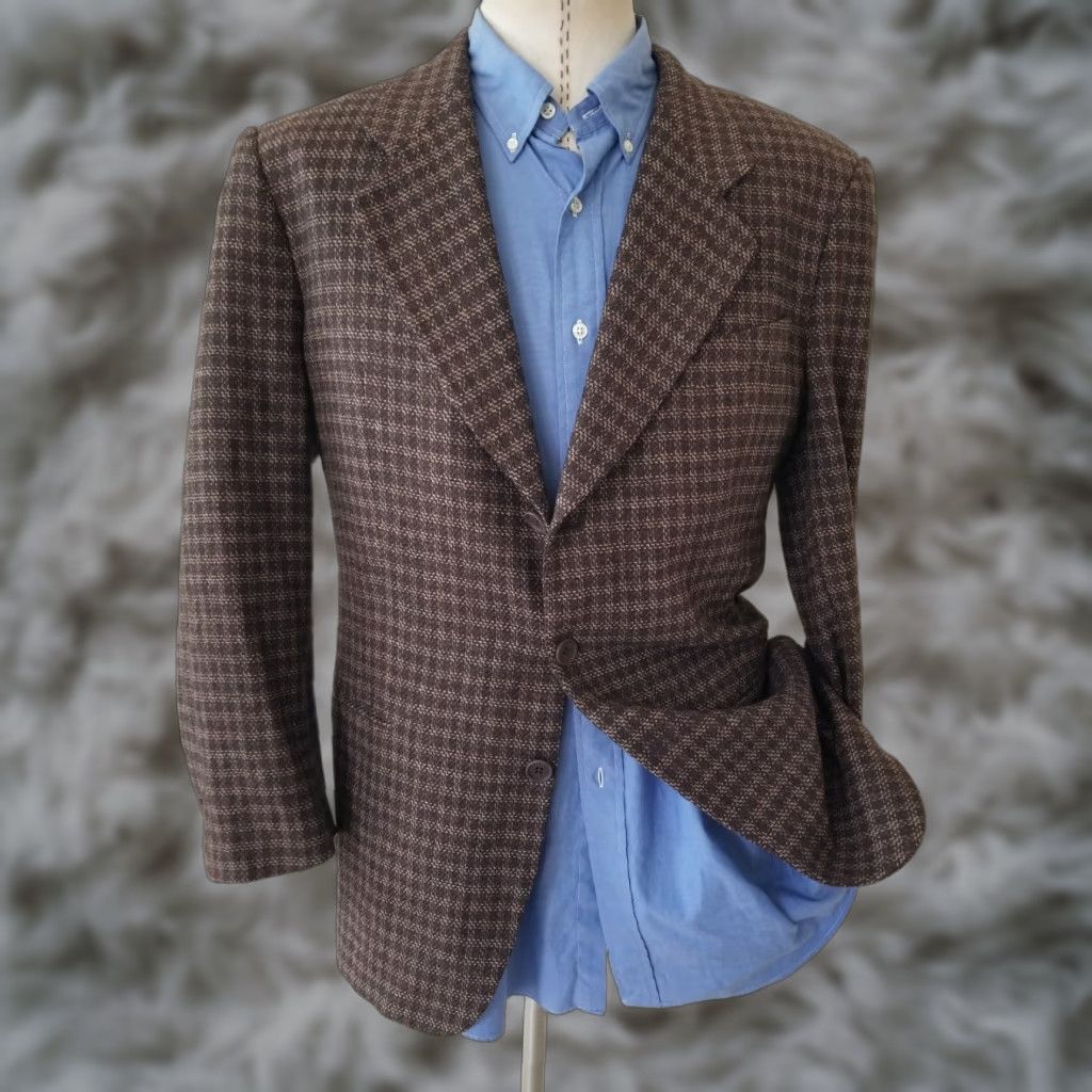 Armani VINTAGE Armani Collezioni Brown/Blue Wool Tweed Check Plaid Blazer Sport Coat Jacket Men 42 Slim Notch Lapel Three-Button Size 42R - 1 Thumbnail