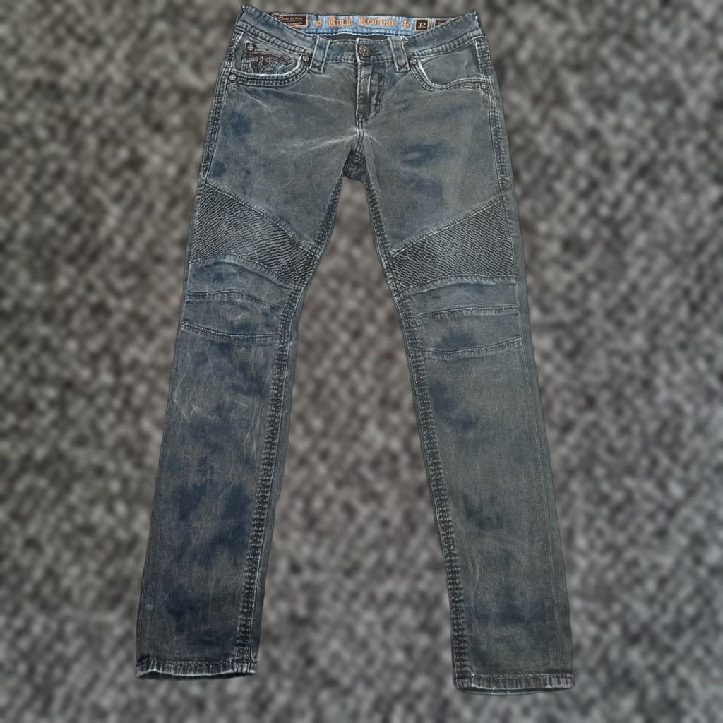 VINTAGE Rock Revival Mens Biker Jeans Size 32 Regular Fit 34x33 Blue Denim Motorcycle