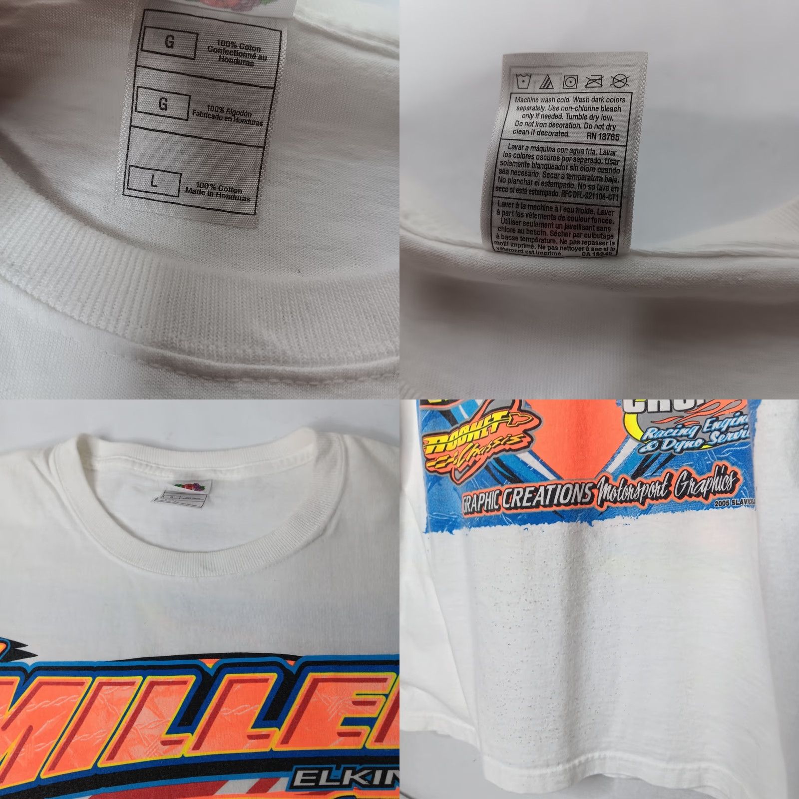 Fruit Of The Loom DJ Miller Race T Shirt L White Cotton Crew Neck Short Sleeve Men Stock Car Racing Elkins WV Motorsports Graphic Print 2000s Size US L / EU 52-54 / 3 - 8 Thumbnail