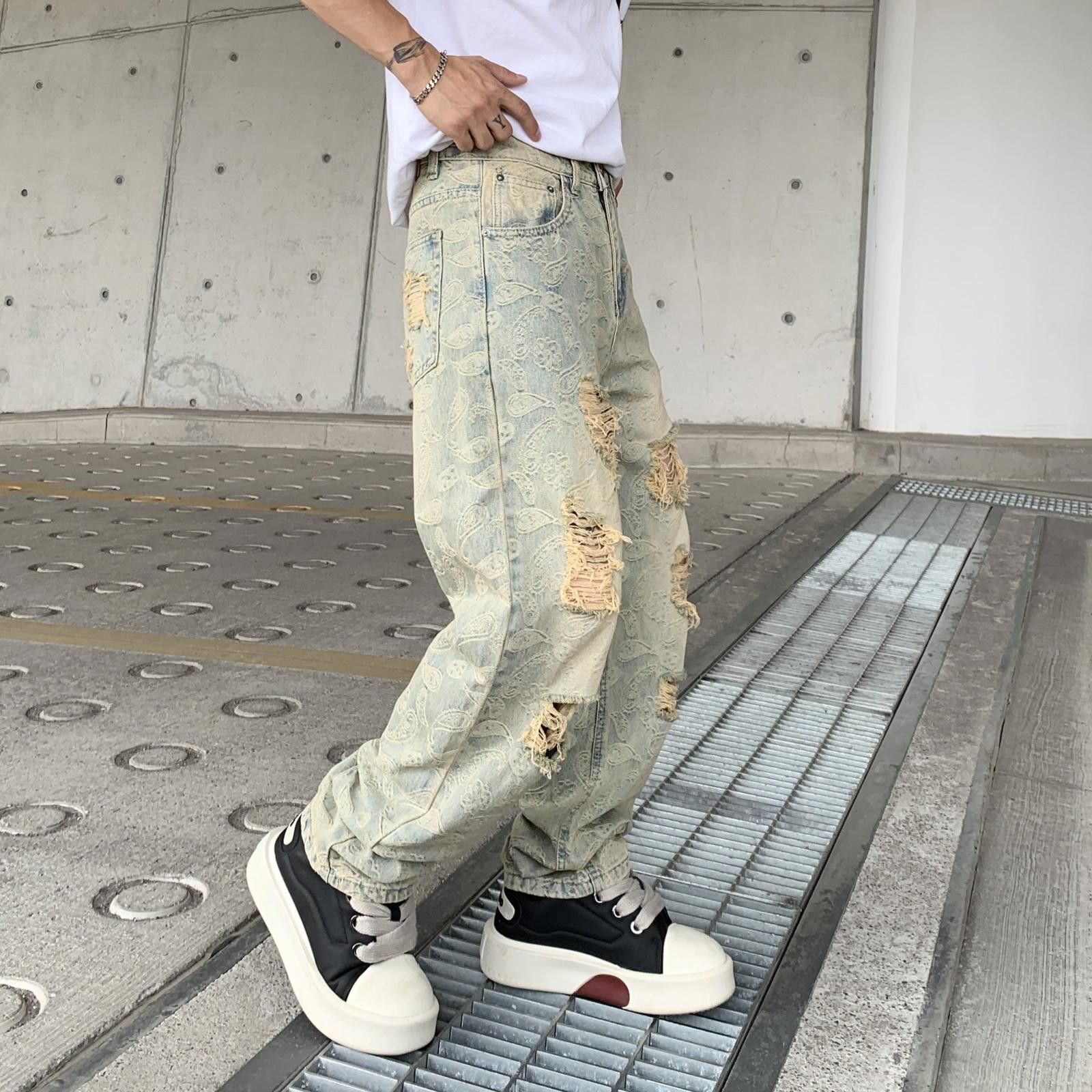 Japanese Brand Distressed Paisley Ripped Straight Jeans Size US 32 / EU 48 - 4 Thumbnail