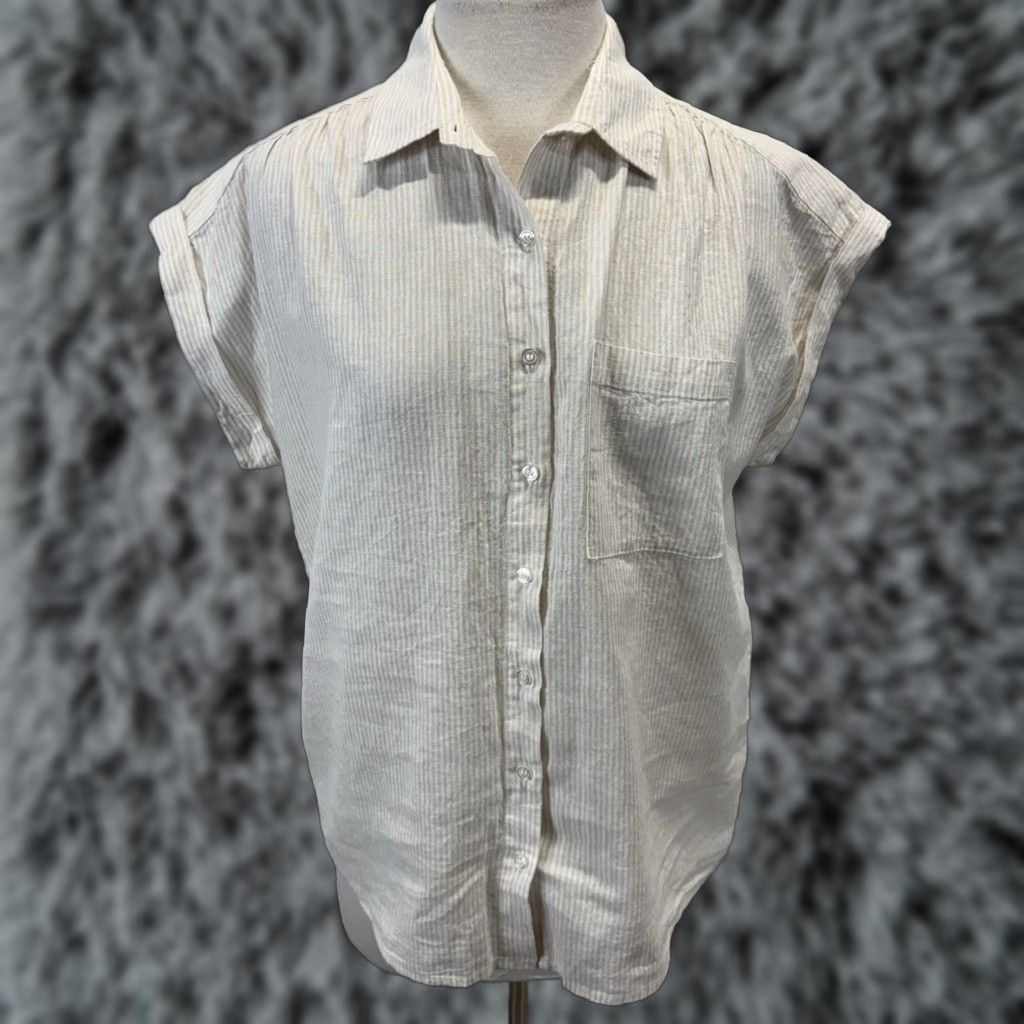 Saks Fifth Avenue VINTAGE Saks Fifth Avenue Women's Short Sleeve Button-Up Shirt Sz Small Linen Blend White Tan Striped Coastal Size S / US 4 / IT 40 - 1 Thumbnail