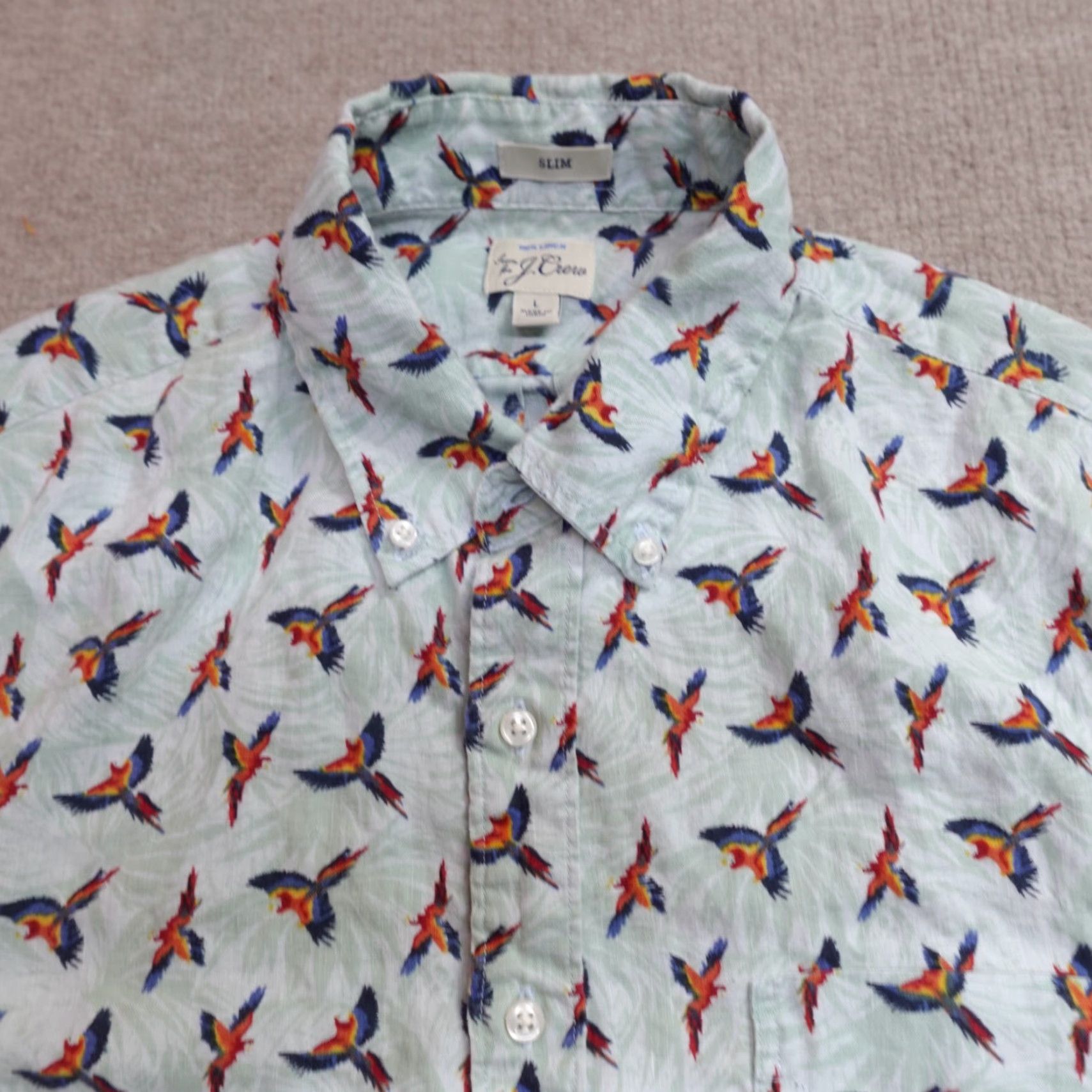 J.Crew J.Crew Shirt Large Blue Linen All Over Parrots Slim Button-Up Short Sleeve Mens 100% Linen Blue Geometric Pattern Regular Size L Size US L / EU 52-54 / 3 - 4 Thumbnail