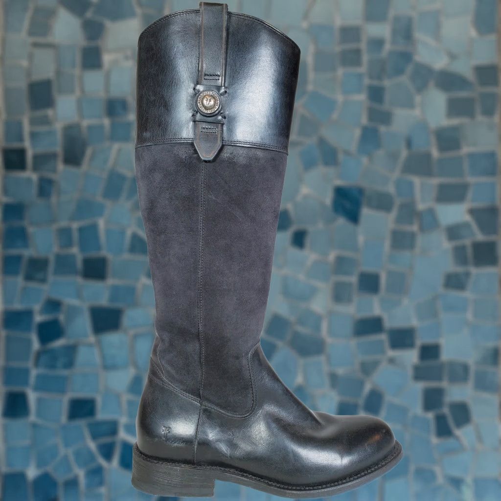 Frye FRYE Jayden Button Black Leather and Suede Tall Riding Boots Women's US 6 B Shaft 15 3/4" Calf Runs Narrow Leather Lined Block Heel 1 1/4" Size US 6 / IT 36 - 1 Thumbnail
