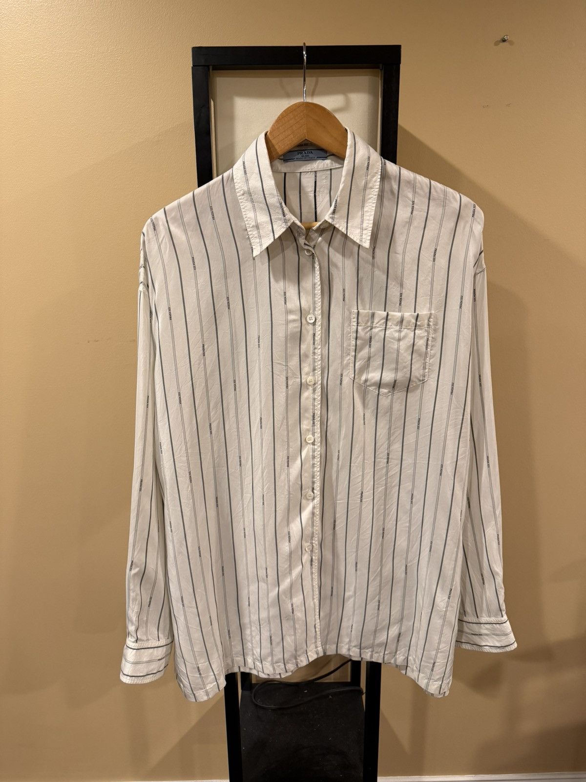 Prada Prada Raf Simons 2022 Logo Stripe White Silk Button Up Shirt Size US XL / EU 56 / 4 - 2 Thumbnail
