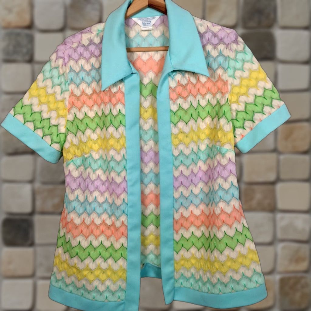 VINTAGE Sears Shirt Open Front Zig Zag Pastel Multicolor 20 Grannycore 70s 60s Blouse Women Mens?