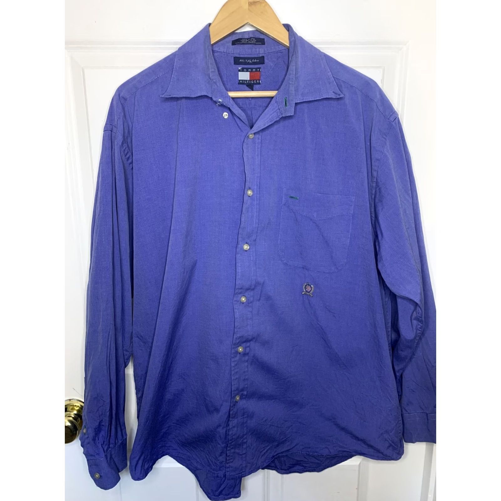 Tommy Hilfiger Tommy Hilfiger Button-Up Shirt Men XL 80s Blue 2 Ply Cotton Solid Collar Long Sleeve Dress Shirt Mens Size 46R - 2 Thumbnail