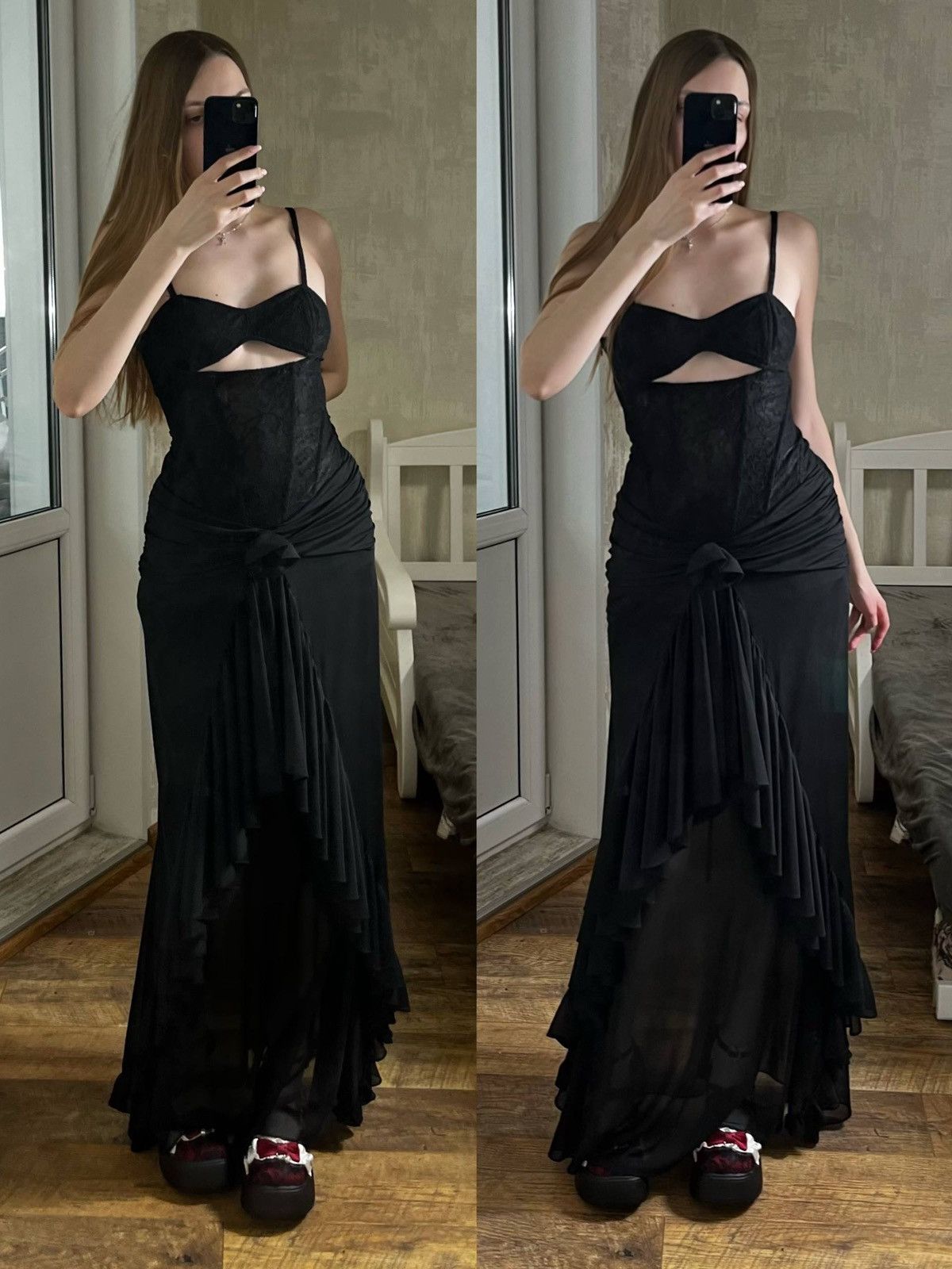 Vintage Futuristic Lace Corset Gown Cut Out Goth Dress 90s Y2K Size M / US 6-8 / IT 42-44 - 2 Thumbnail