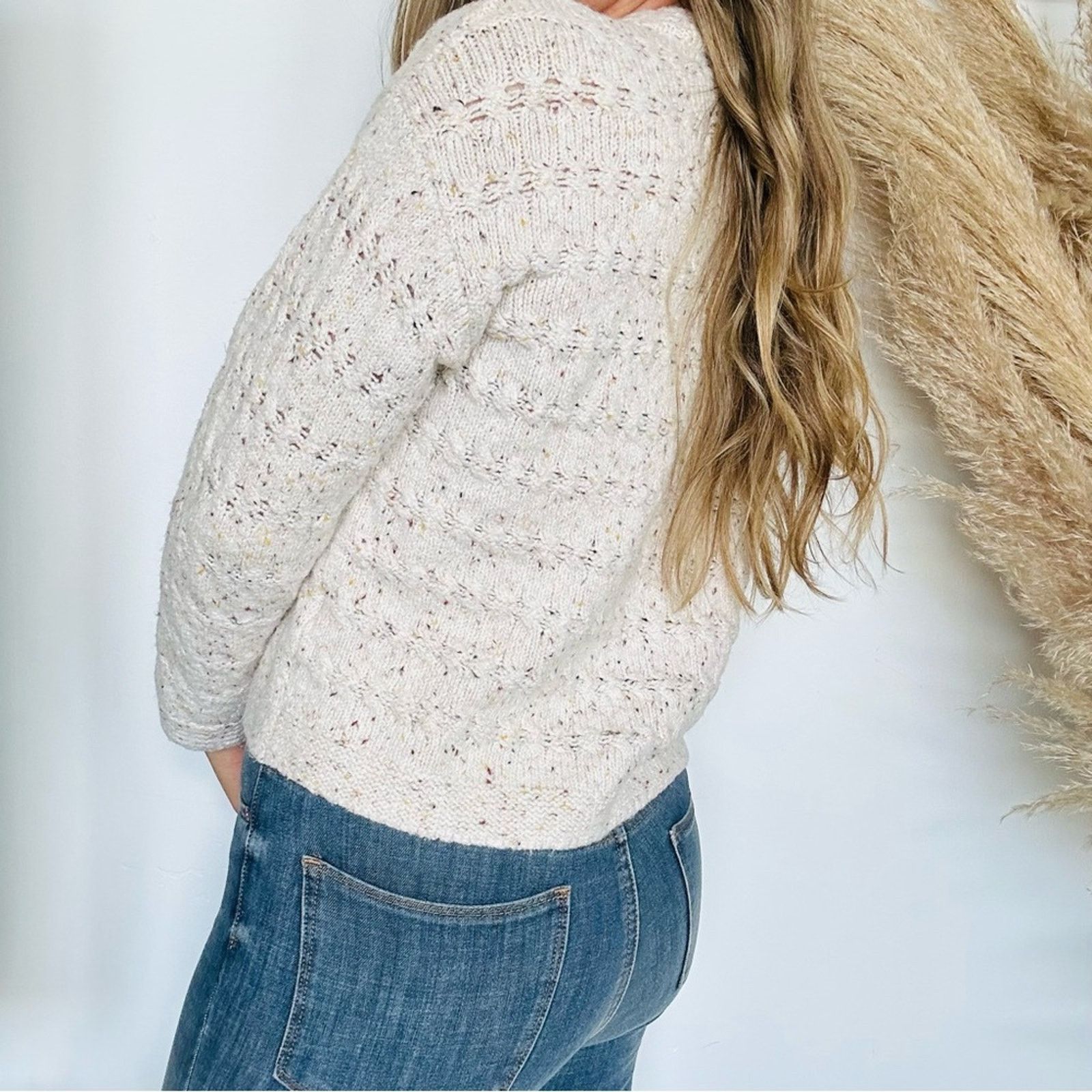 Old Navy OLD NAVY White Marl Chunky Crew Woven Crop Pullover Sweater Size S / US 4 / IT 40 - 2 Thumbnail