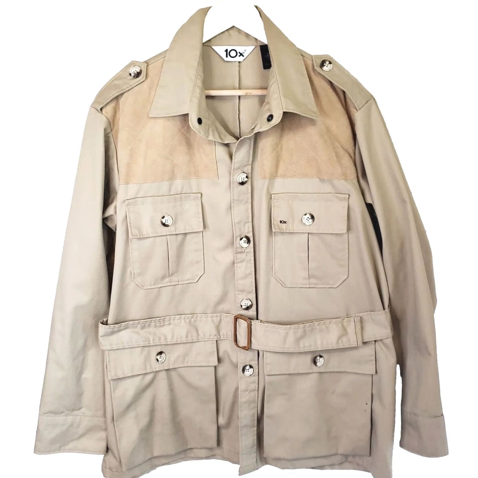 J Brand VINTAGE 10X Brand Hunting Safari Jacket Four Pocket Brown Cotton Leather Shoulders L Regular Mens Winter Outdoor Workwear - Shirt? Size US L / EU 52-54 / 3 - 2 Thumbnail