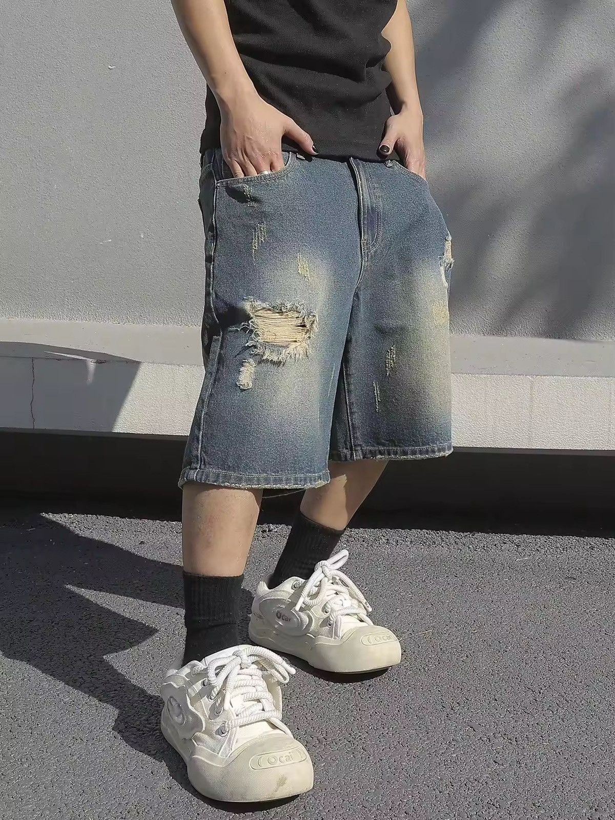 Jean Ripped Baggy Stretchy Denim Shorts Size US 32 / EU 48 - 3 Thumbnail