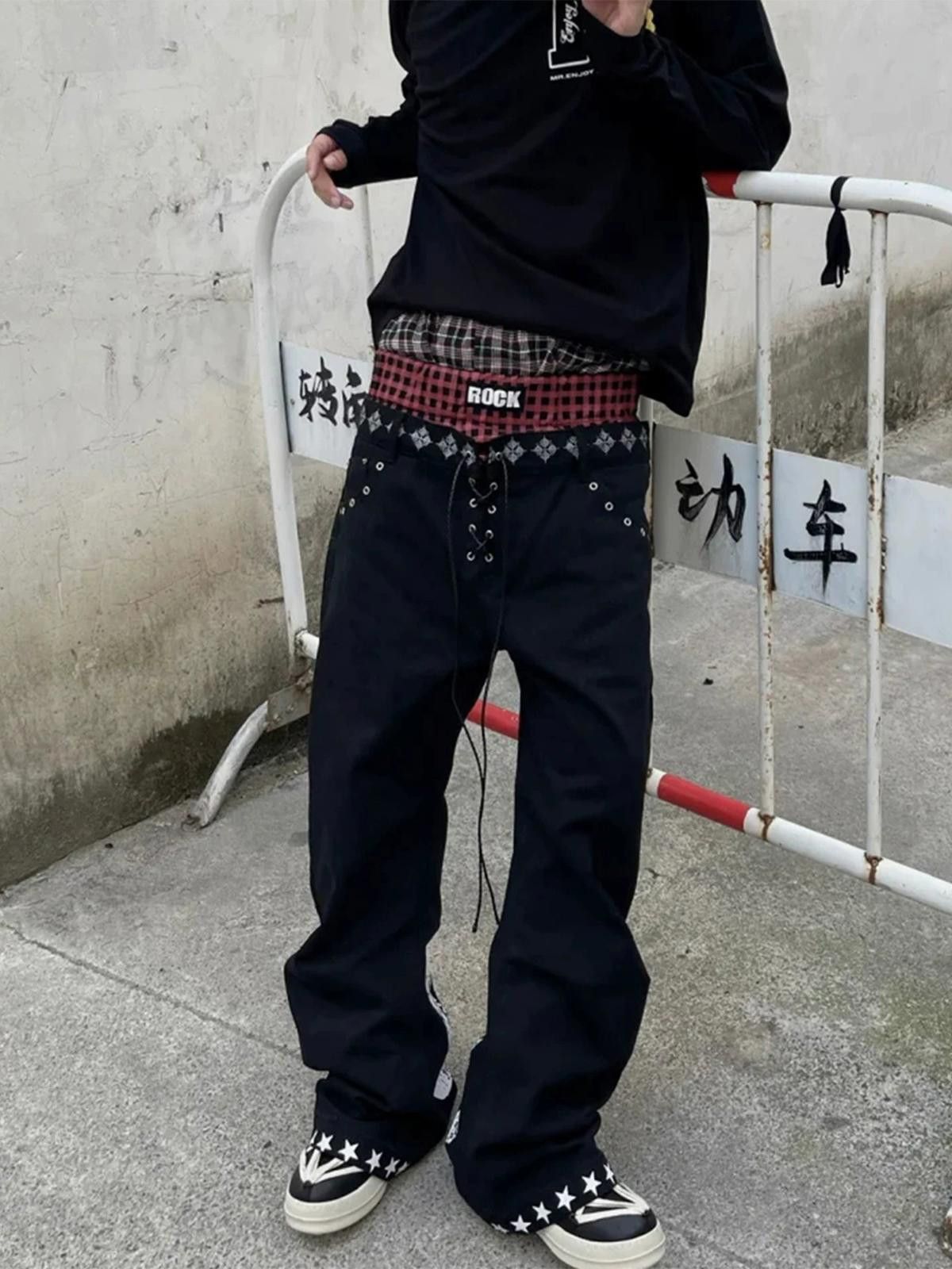 Other Black Baggy Wide Leg Jeans with Plaid Double Waistband Size US 28 / EU 44 - 1 Thumbnail