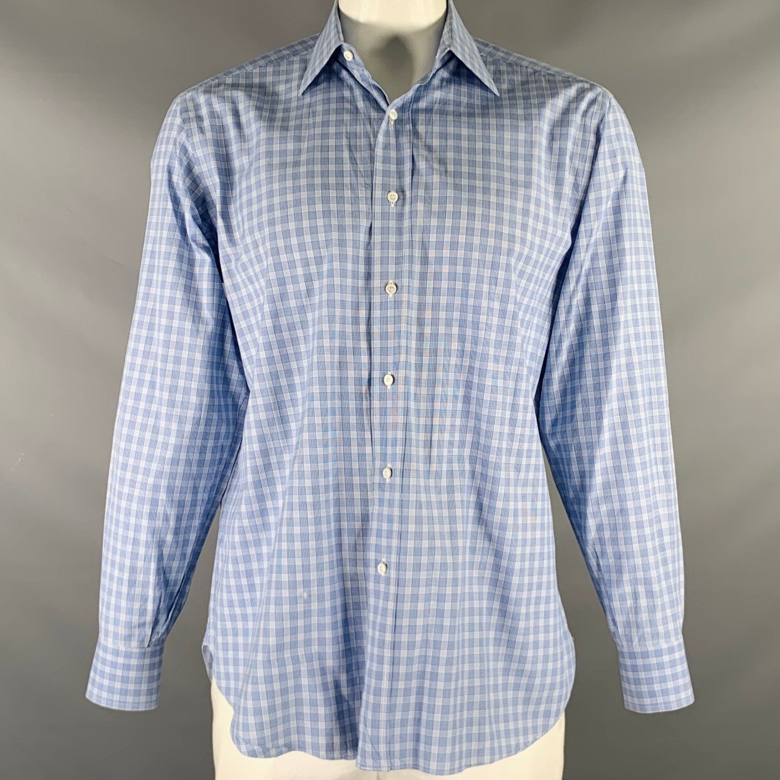 Brioni L Blue Light Blue Plaid Cotton Button Up Long Sleeve Shirt Size US L / EU 52-54 / 3 - 1 Thumbnail