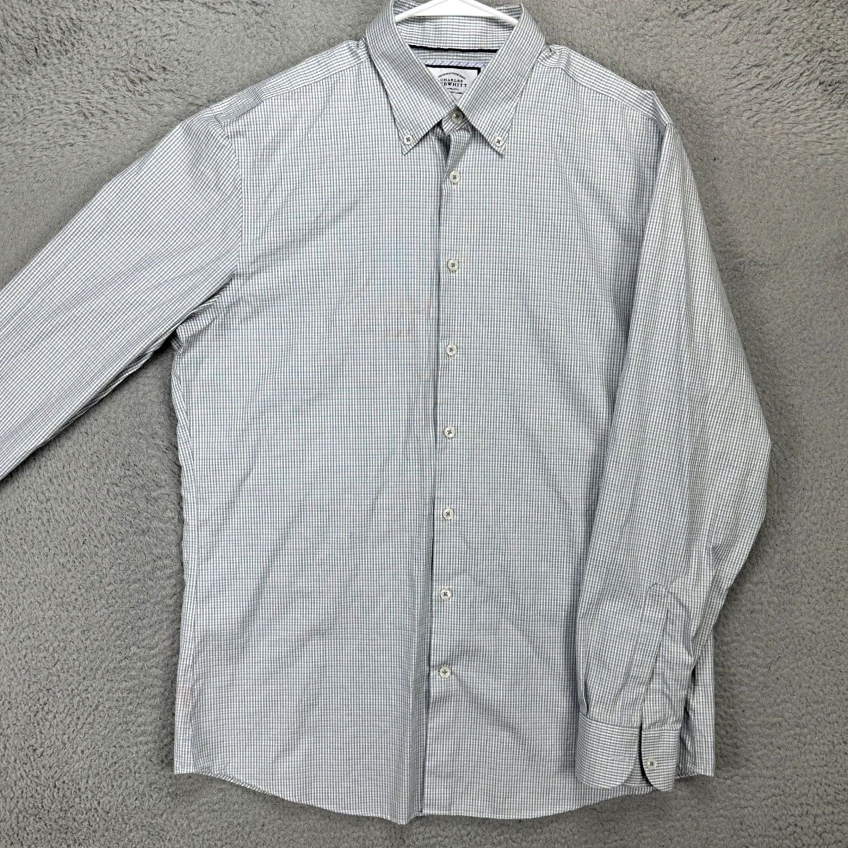 Charles Tyrwhitt Charles Tyrwhitt Mens Dress Shirt Green Blue Plaid Slim Fit Long Sleeve 17-37 Button-Down Collared Shirt Mens Size 46R - 2 Thumbnail