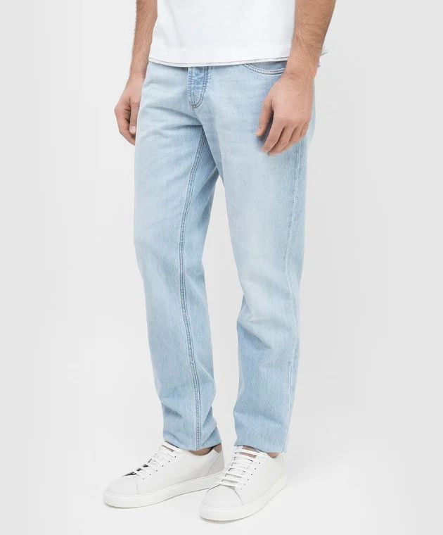 o1srvl11e1123 Cropped Tapered Embossed Jeans in Blue