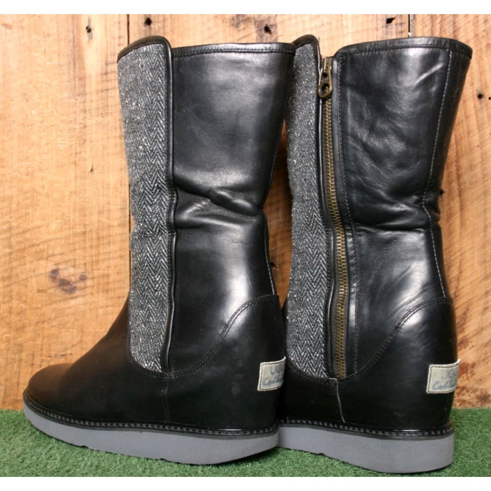 Ugg UGG Black Leather & Herringbone Wool Fur Lined Boots High Heel Wedge Sz. 8 Womens Mid-Calf Zip Leather Wool Shearling Style Size US 7 / IT 37 - 3 Thumbnail