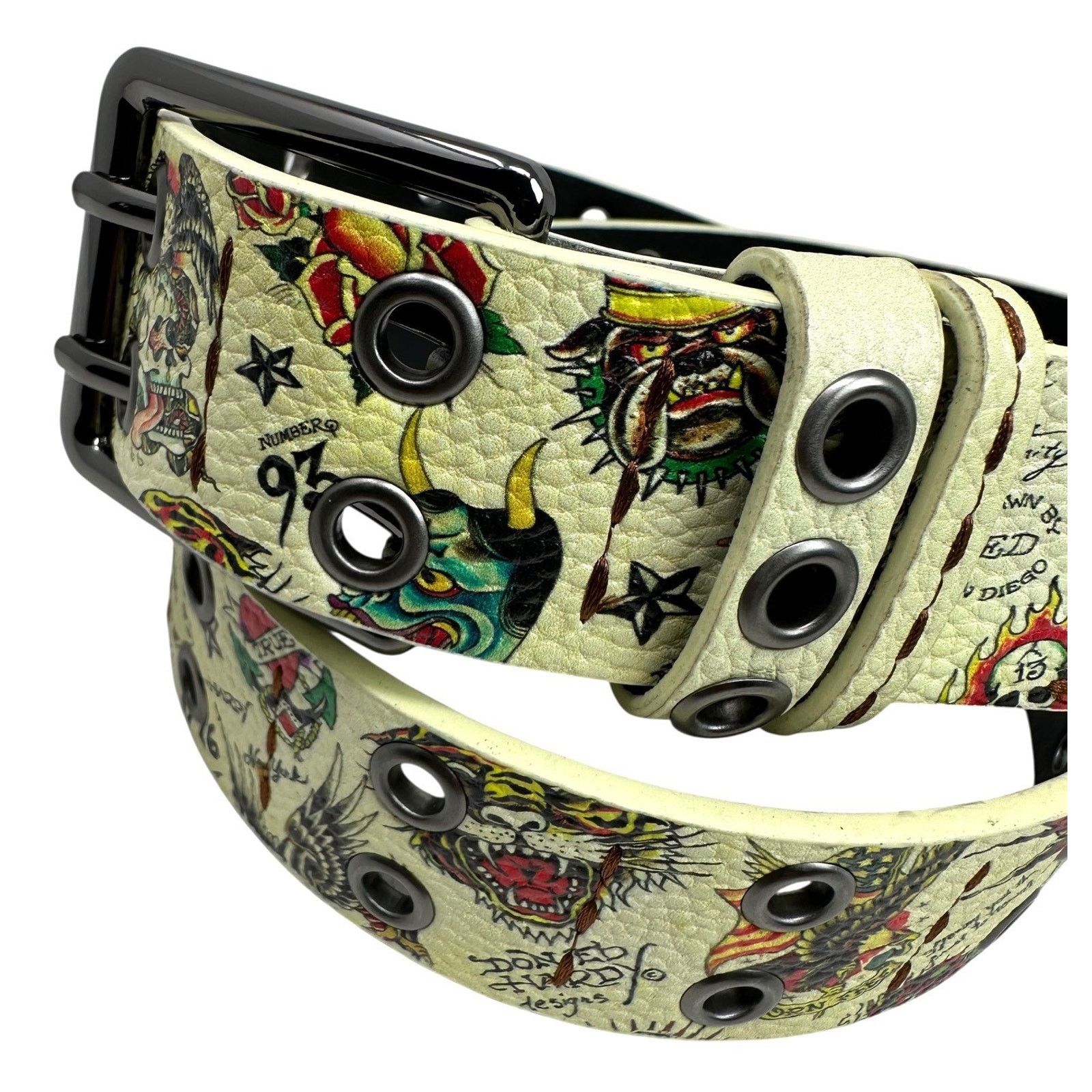 Ed Hardy Ed Hardy Men's Double Prong Ace of Hearts Printed Cream Belt Size 34 - 2 Thumbnail