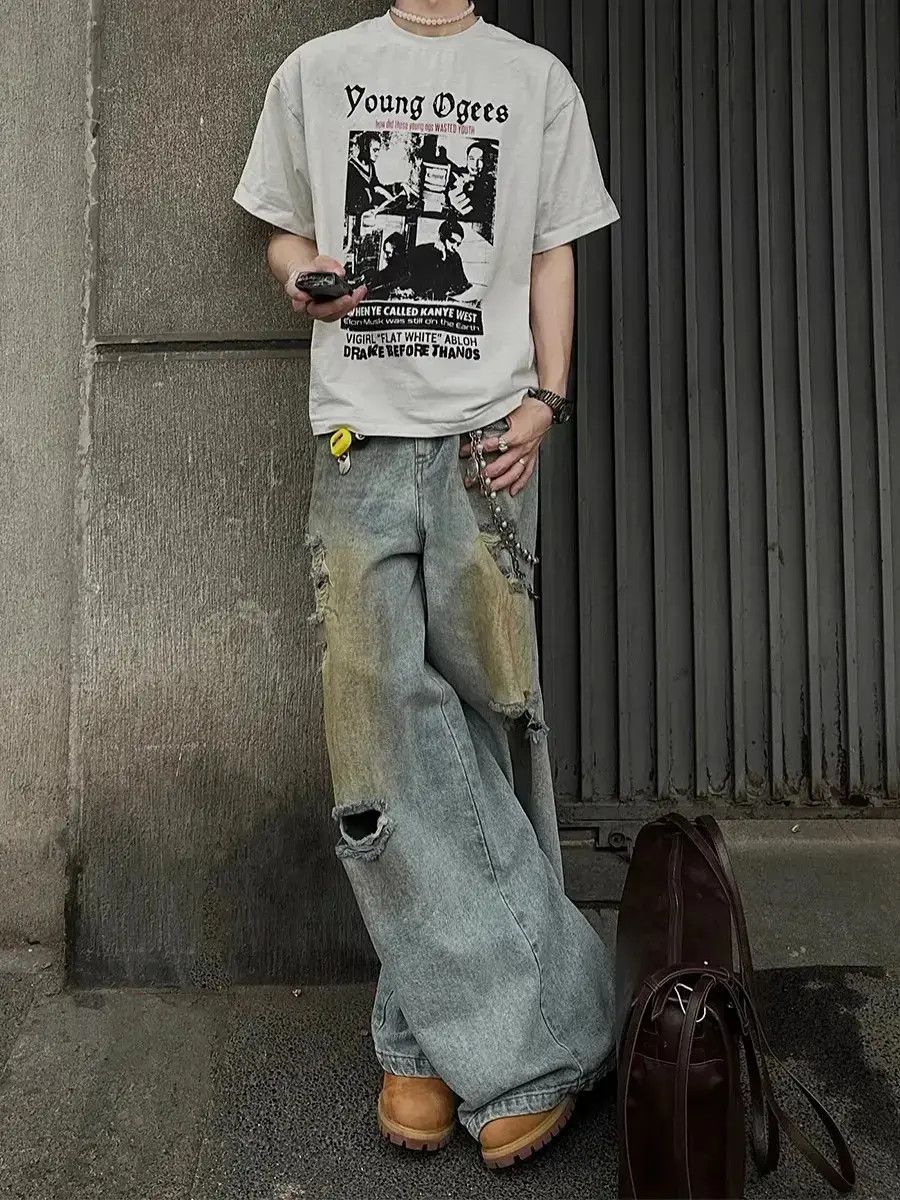 Japanese Brand Casual loose wide leg ripped jeans Size US 32 / EU 48 - 6 Thumbnail