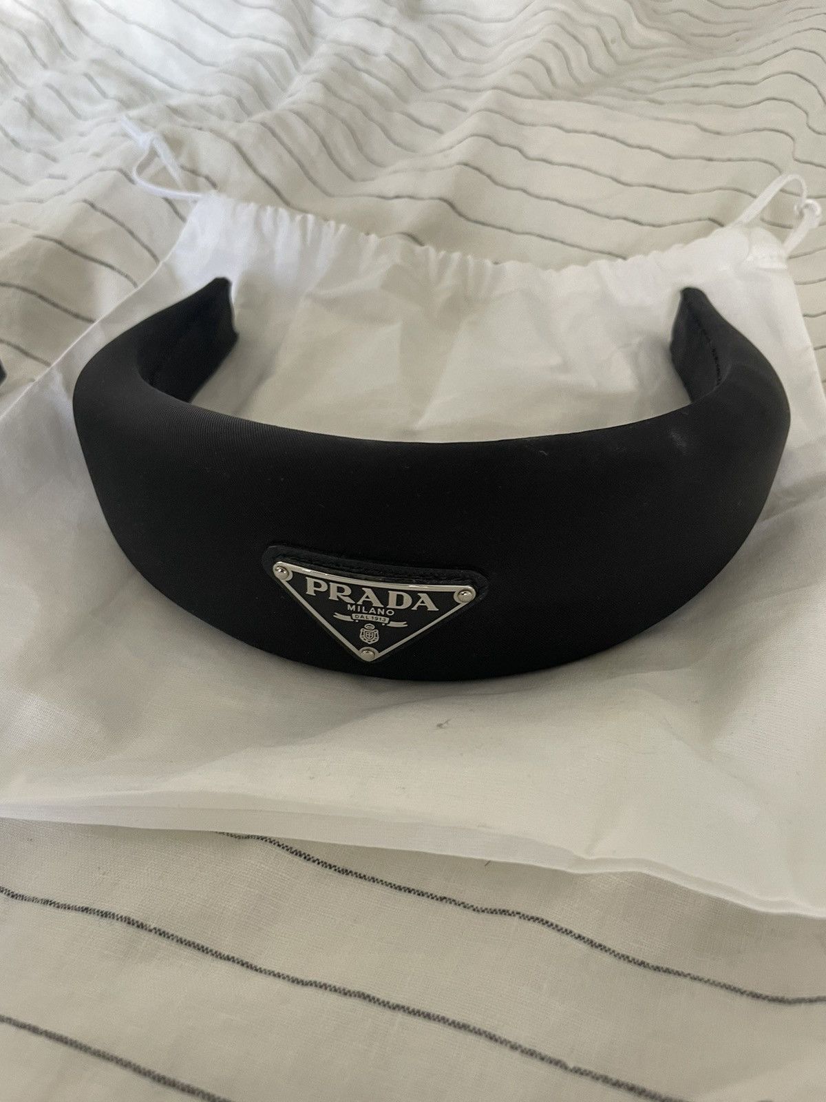 image of Prada Re-Nylon Logo Headband in Black, Women's