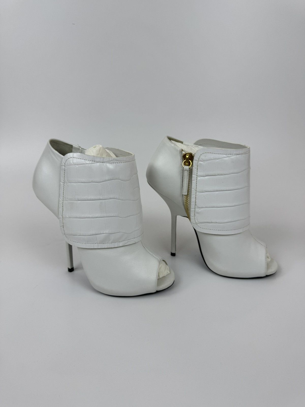 Designer Giuseppe Zanotti Open Ankle Boots Leather Stiletto High Heel Shoes in White, Women's (Size 10)