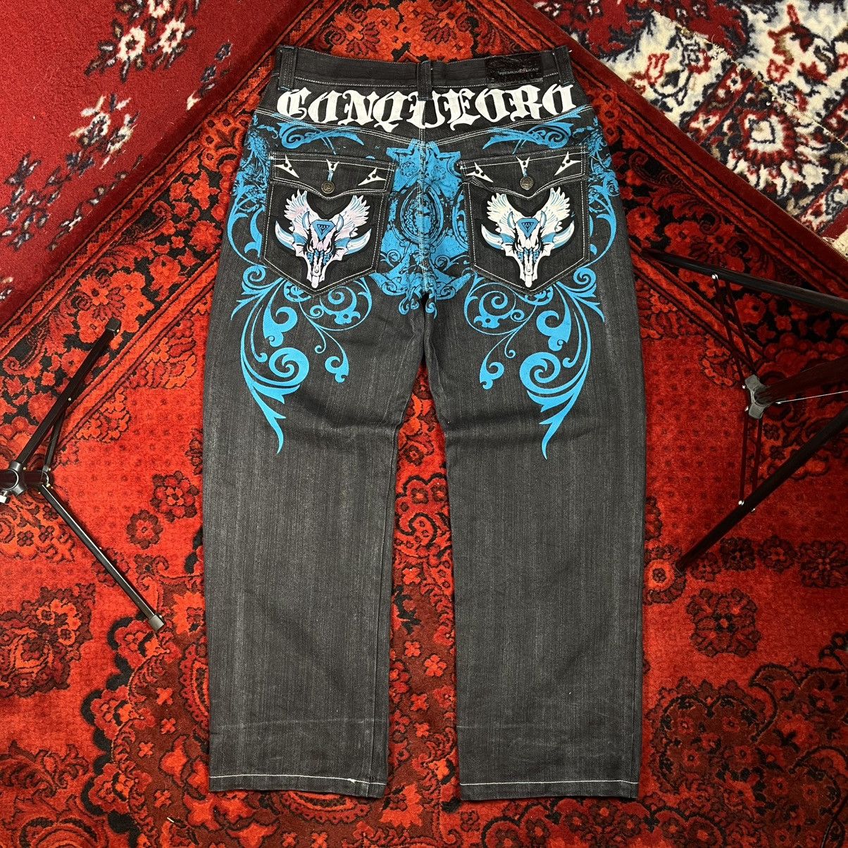 Other Raw Blue Jeans Y2K Turquoise Blue Baroque Skull Wing Graphic Size US 36 / EU 52 - 4 Thumbnail