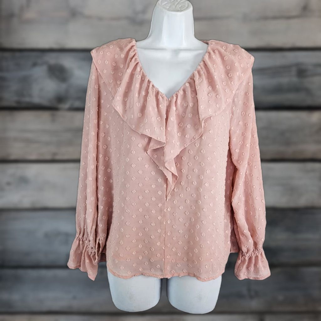 Loft Ann Taylor LOFT Womens Top Small Petite Pink Swiss Dot Long Sleeve Ruffle V-Neck Pullover Blouse PS Size S / US 4 / IT 40 - 1 Thumbnail