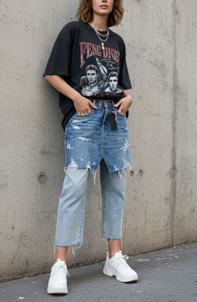 R13 RARE sample "Double Front" Layered Distressed Denim Skirt Size 27" / US 4 / IT 40 - 1 Thumbnail