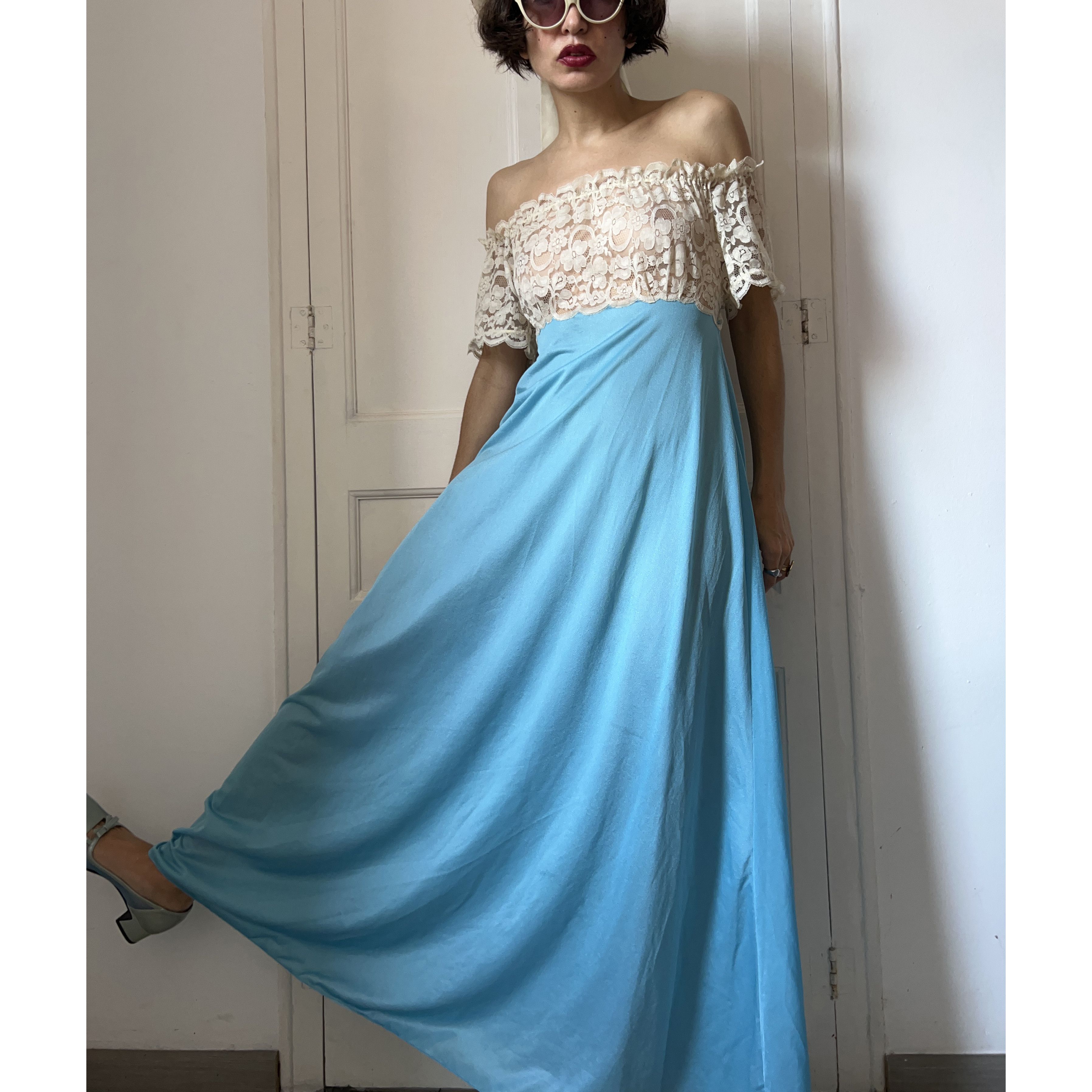 Vintage Vintage 90s Blue Lace off Should Nightgown Size M / US 6-8 / IT 42-44 - 3 Thumbnail