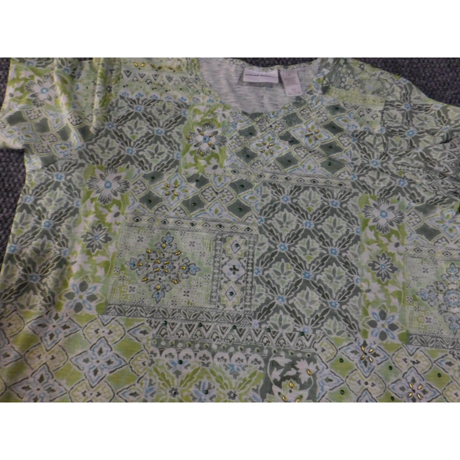 Vintage Alfred Dunner Shirt Womens Large Green Blue Patchwork Short Sleeve Rhinestone Size L / US 10 / IT 46 - 7 Thumbnail
