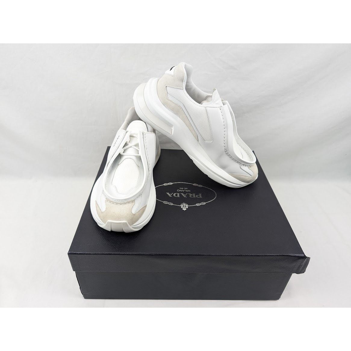 Prada o1rshd1 Brushed Leather Sneakers Bike Fabric Suede in White Size US 11 / EU 44 - 17 Thumbnail
