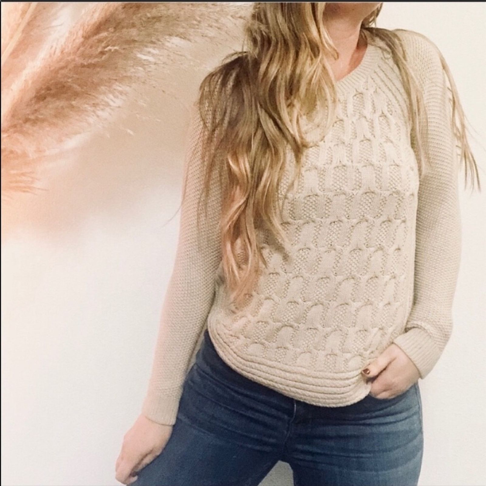 Nordstrom MAX STUDIO Cream Beige Chunky Cable Knit Pullover Sweater Size S / US 4 / IT 40 - 5 Thumbnail