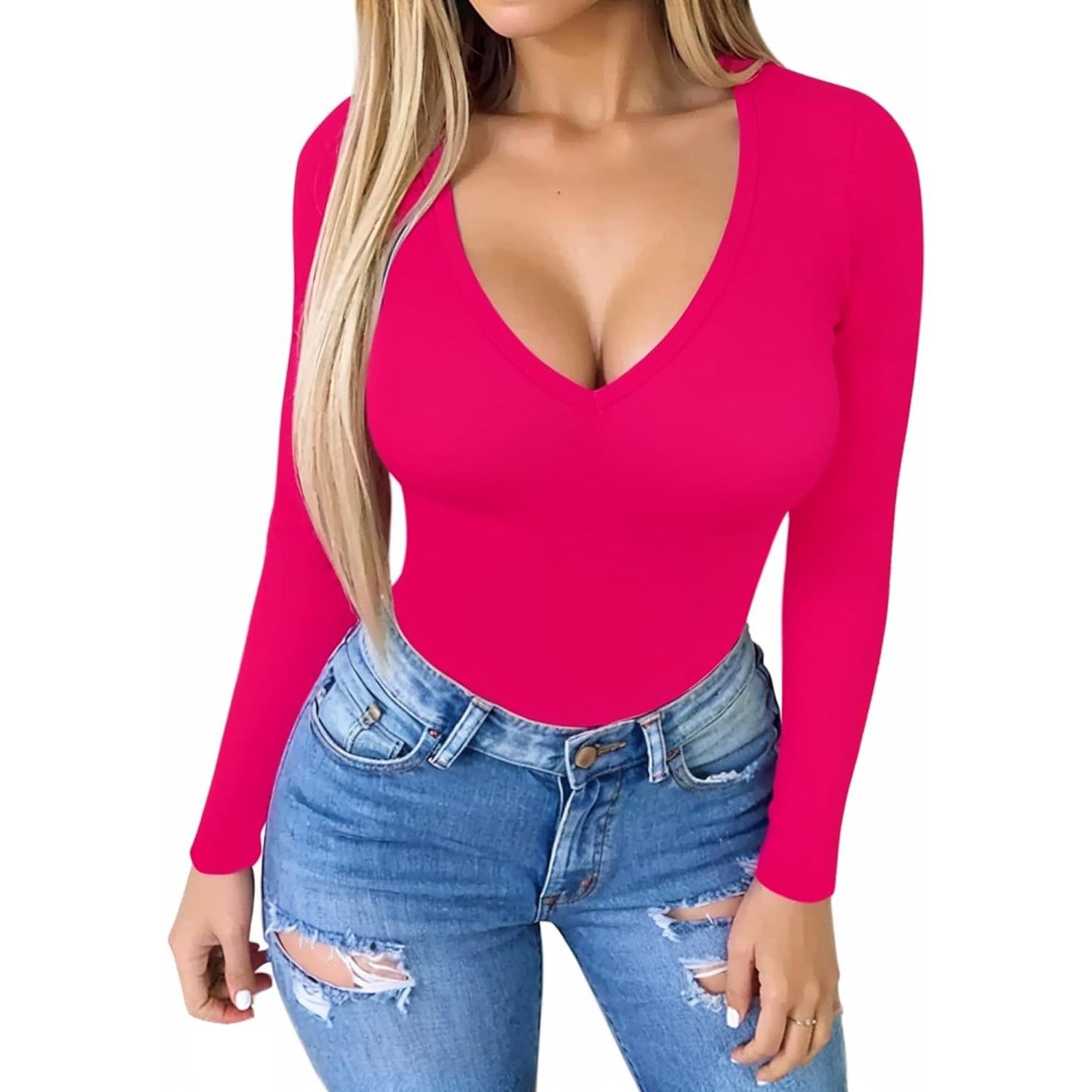 Other Womens Pink Long Sleeve V-Neck Bodysuit By Mangopop Size S / US 4 / IT 40 - 6 Thumbnail