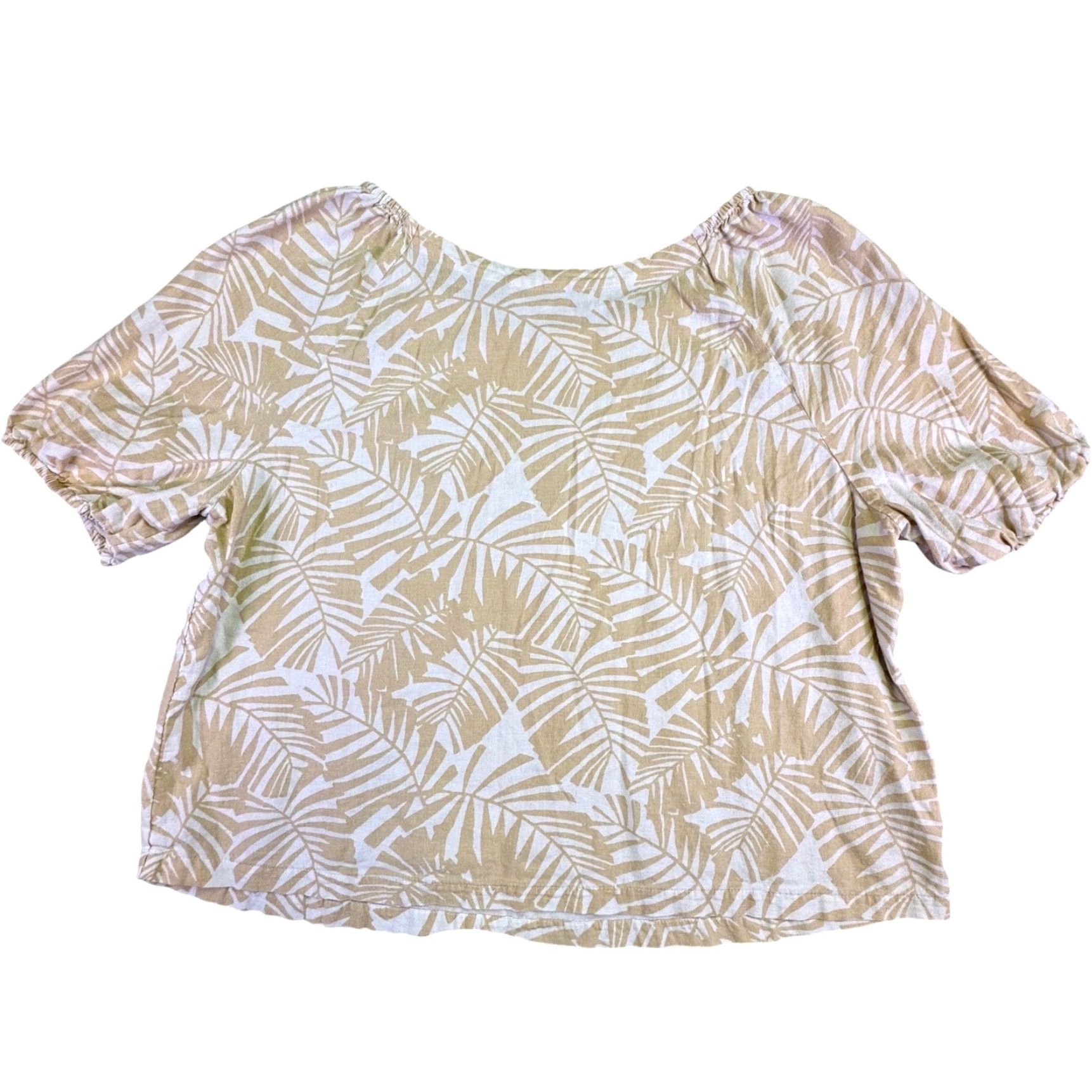 Loft LOFT Blouse Shirt Women's Large Linen Blend Palm Leaf Puff Sleeve Top Tan White Linen Blend Printed Floral Beach Vacation Casual 2-Pocket? Size L / US 10 / IT 46 - 7 Thumbnail