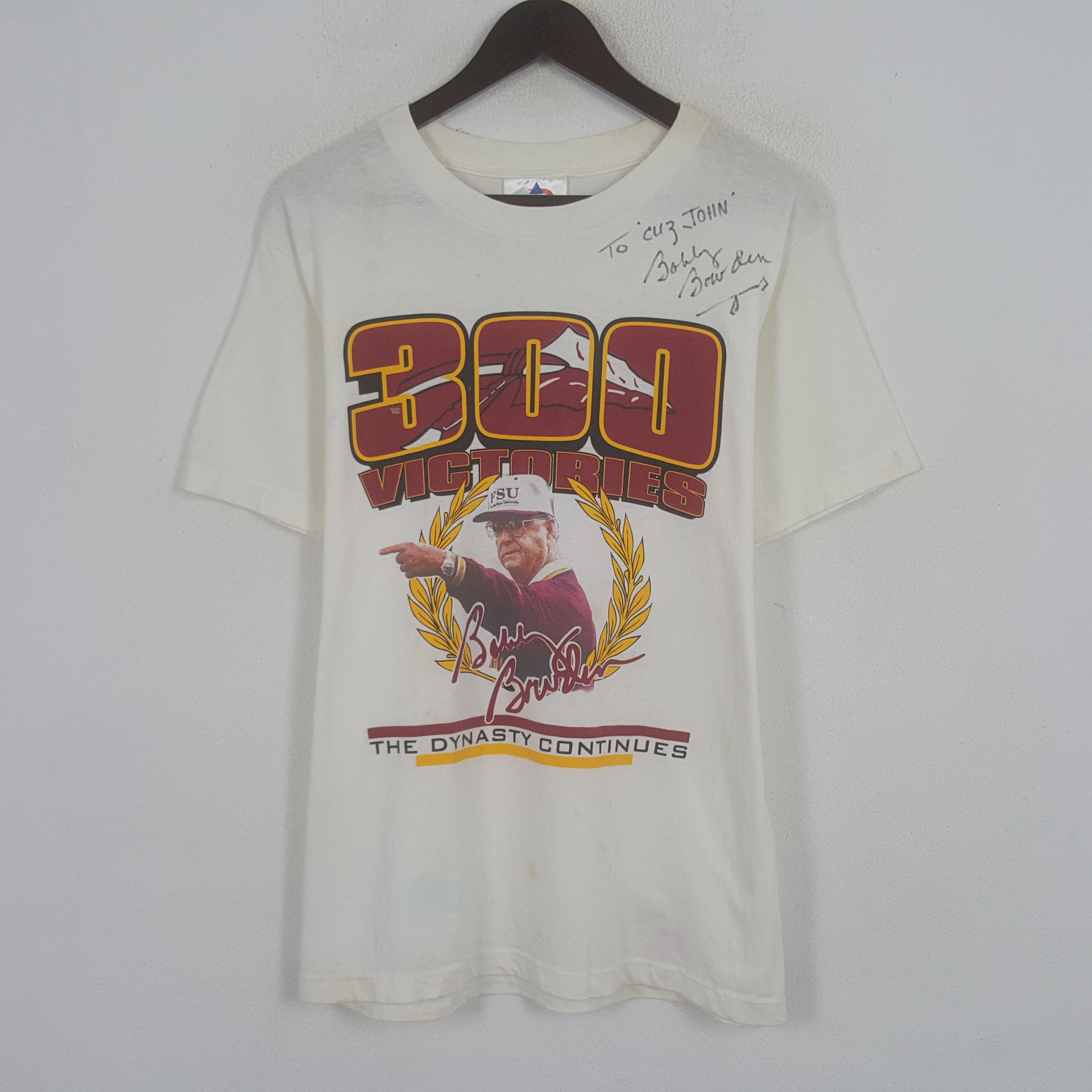 image of Vintage 90’S Bobby Bowden 300 Victories Tshirt in White, Men's (Size Medium)