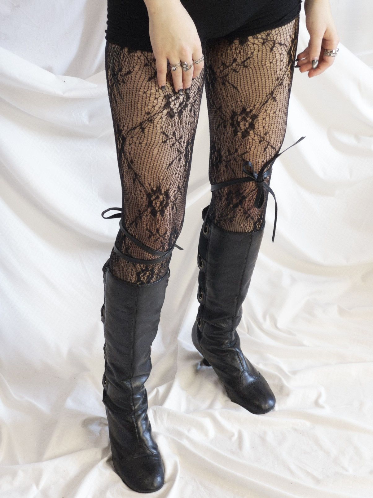 Vintage Black lace-up knee high boots with elastic back panel Size US 9 / IT 39 - 9 Thumbnail