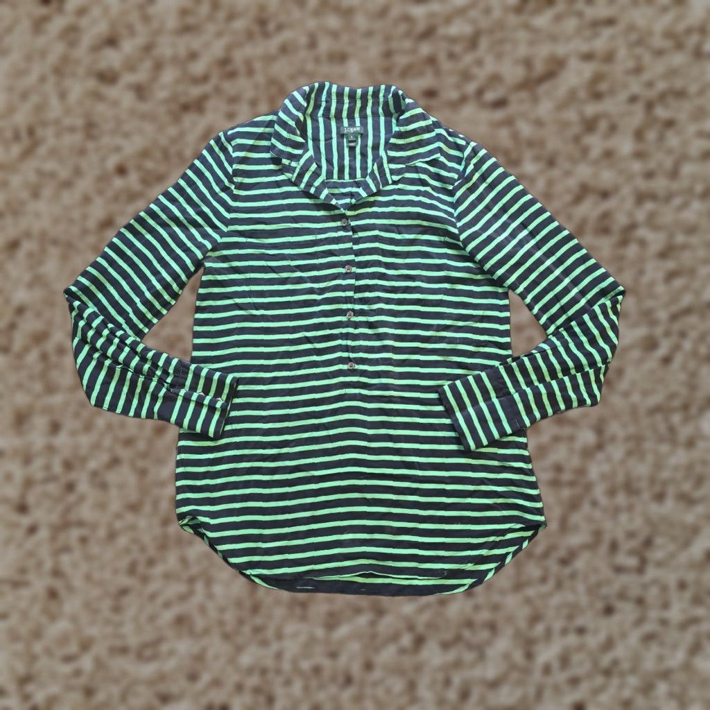 J.Crew J.CREW Blouse Shirt Womens Size S Green Black Silk Stripe 1/4 Button Casual Career Shirt Women Size S / US 4 / IT 40 - 1 Thumbnail