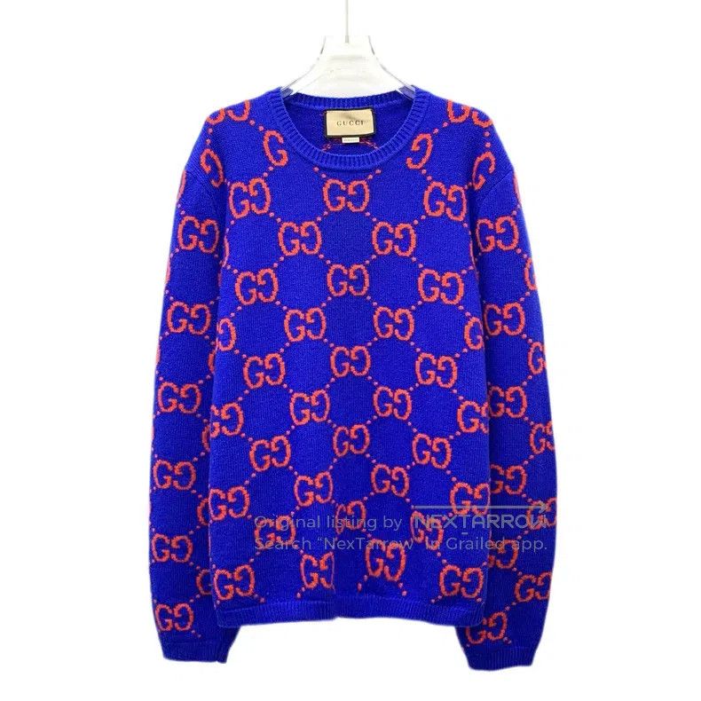 Gucci Gucci 22 blue logo jacquard full-print wool round-neck lon Size US XL / EU 56 / 4 - 1 Thumbnail