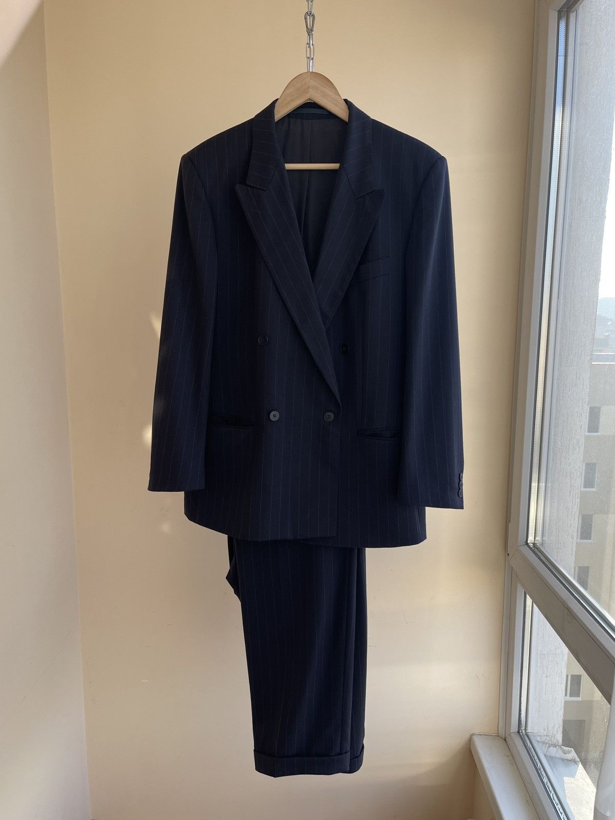 Hugo Boss BOSS Wool Pinstripe Suit 80s Double Breasted Blazer Trousers Size 38R - 1 Thumbnail