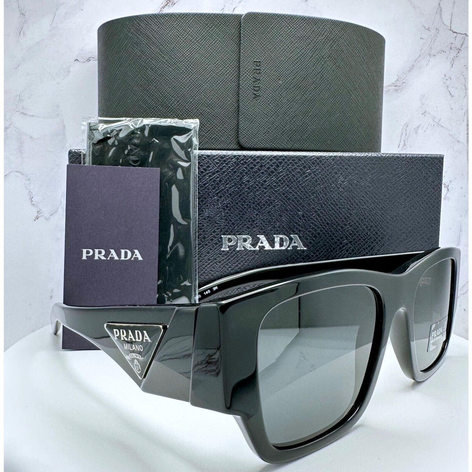 image of Prada Sunglasses Black Silver Triangle Metal Plaque Logo, Men's