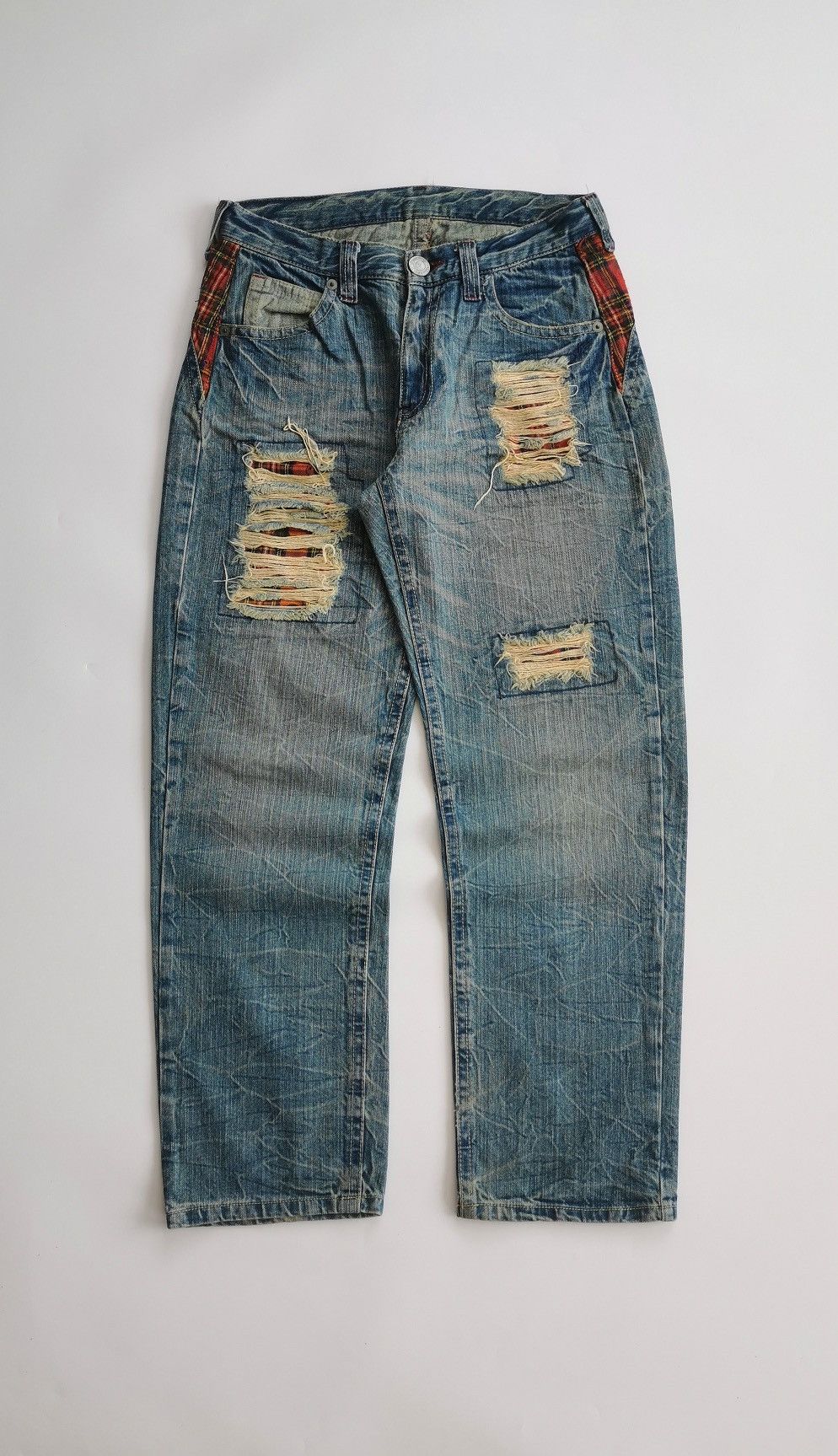 Seditionaries Skull Red Tartan Patchwork Tapered Denim Jeans Size US 30 / EU 46 - 2 Thumbnail