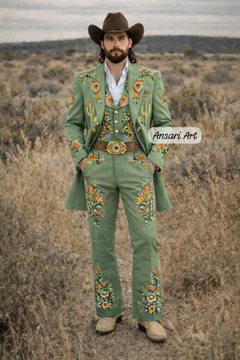 Other Men 3PC Customized Floral Embroidery western Nudie outfit Size 46R - 1 Thumbnail