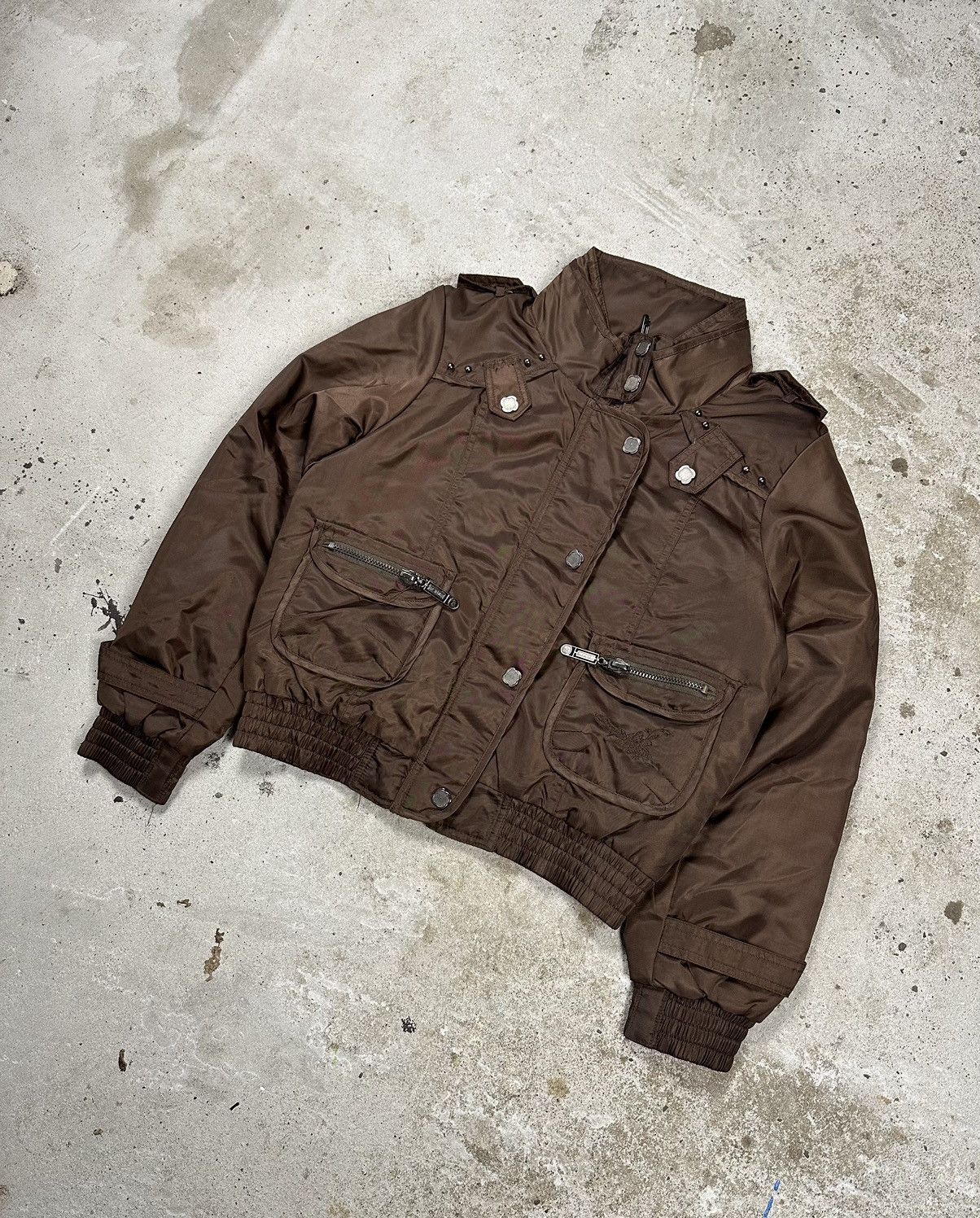 image of Archival Clothing x Vintage Y2K Brown Utility Bomber Jacket Cropped Hooded, Men's (Size Small)