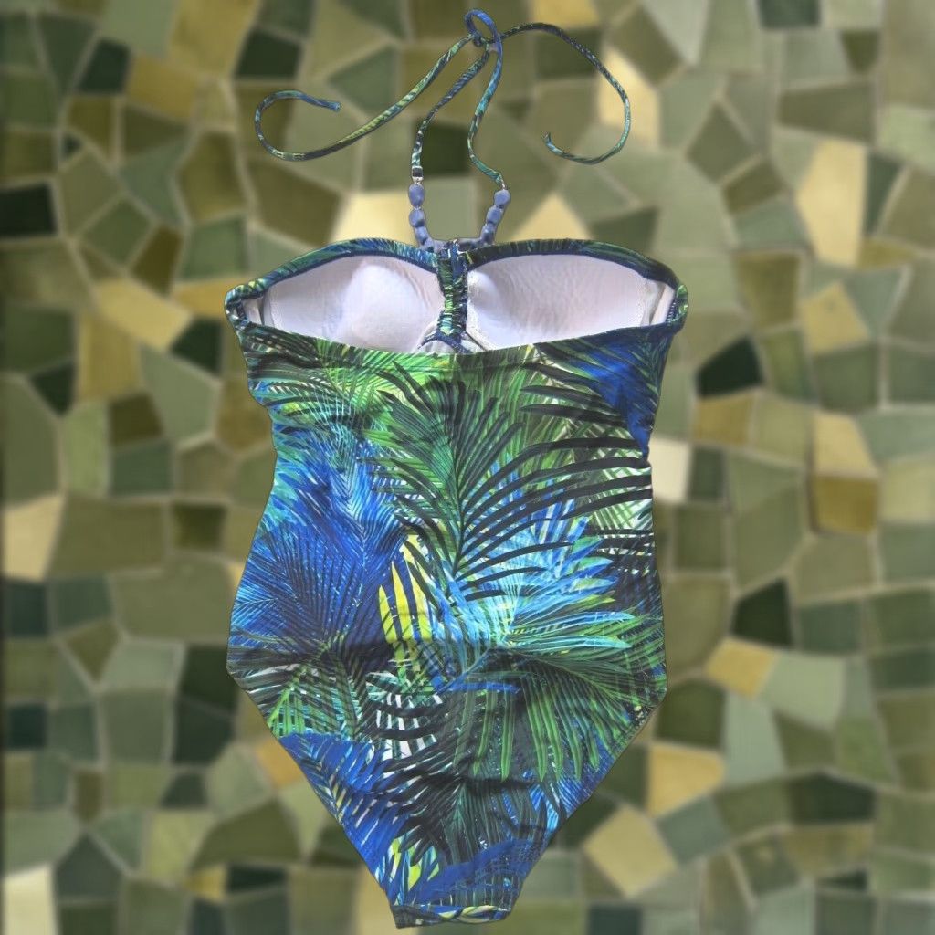 Chaps Chaps Ralph Lauren Green Blue Floral Beaded Halter One Piece Swimsuit Women 8/L Size ONE SIZE - 1 Thumbnail