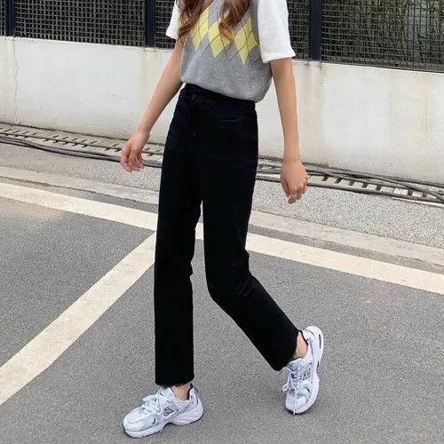 image of Vintage Retro High Waist Cropped Pants Loose Student Versatile Jeans in Black, Women's (Size 27)