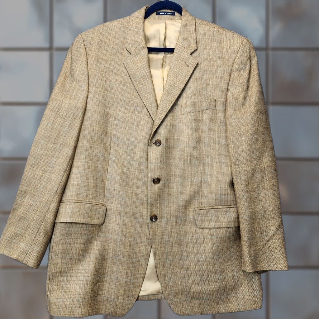 Vintage Ralph Lauren Mens Sport Coat 44L Tan Houndstooth Plaid Silk Wool Notch Lapel Jacket 2 Piece Size US S / EU 44-46 / 1 - 1 Thumbnail